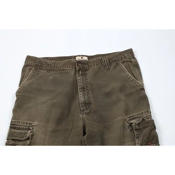 Vintage 90s Woolrich Mens 34x29 Thrashed Wide Leg Denim Cargo Jeans Breen Cotton